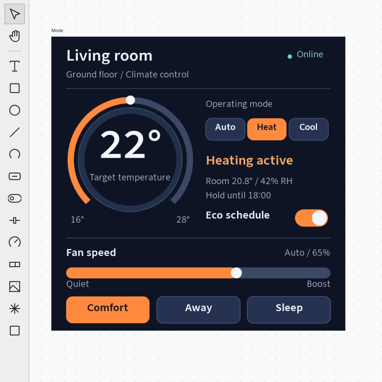 Ready controls in a climate interface with temperature, operating modes, schedules and fan speed.