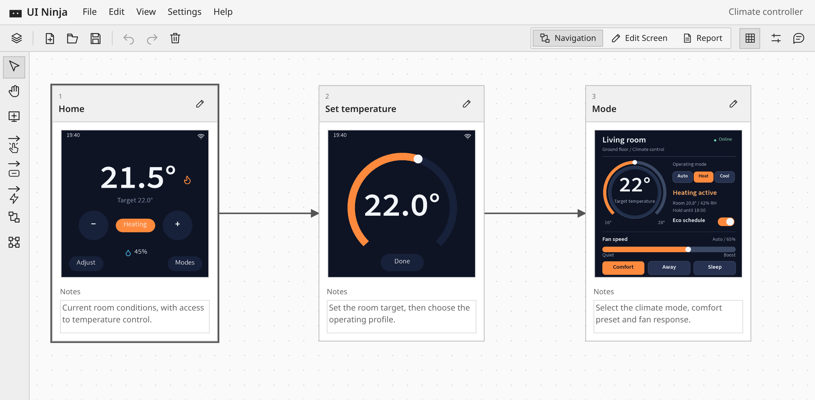 Three device screens connected by two transitions in UI Ninja.